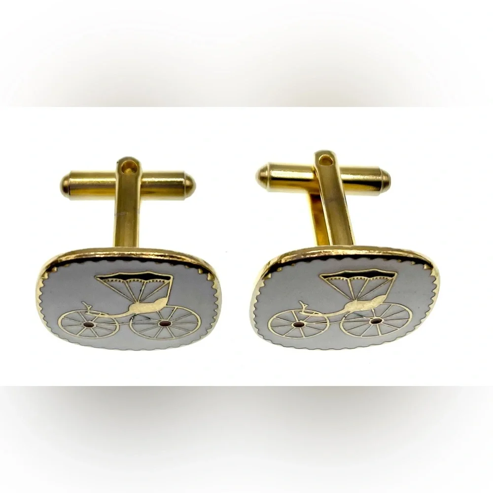 Vintage Cufflinks Gold Tone and Enamel Square Antique Car